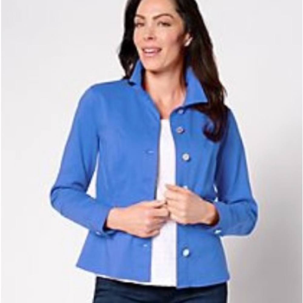 Susan Graver Uptown Stretch Button Front Peplum Jacket NEW LARGE  BATIK BLUE